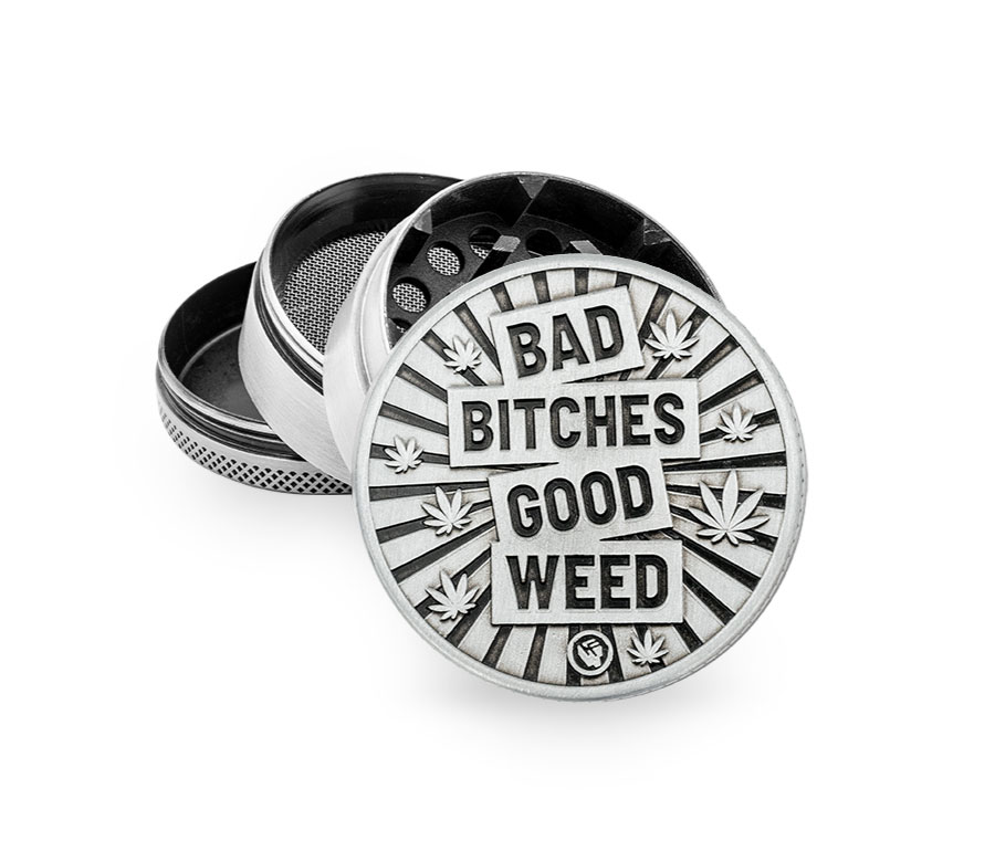 Metal Grinder Silver Bad Bitches Good Weed (⌀50 mm / 4-parts)