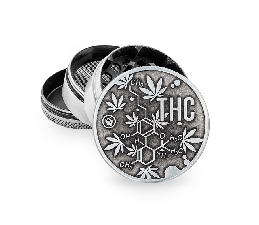 Metal Grinder Silver THC Molecules (⌀50 mm / 4-parts)